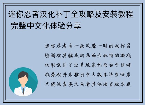 迷你忍者汉化补丁全攻略及安装教程 完整中文化体验分享